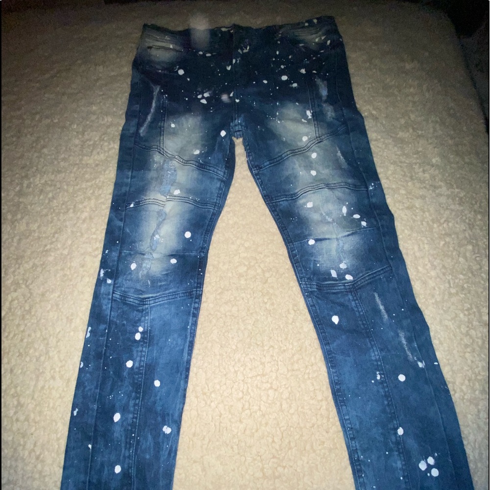 Mens distressed paint splatter jeans